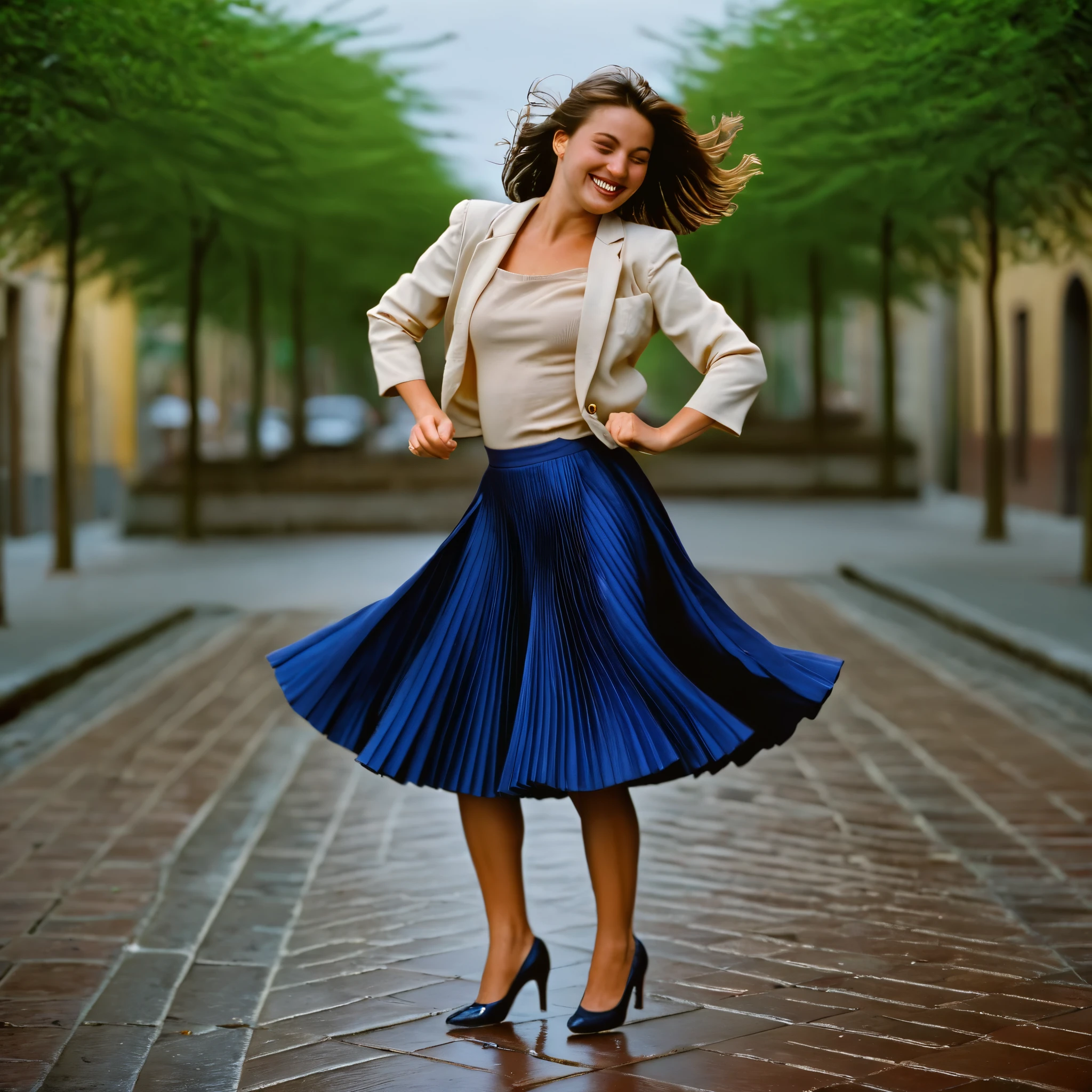 A smiling, authentic, (shy:1,3), kind, beautiful woman, is passionately in love with her skirt, dancing while wind lifts her skirt, wearing short blazer and very, very detailed (long (fully pleated) full circle skirt) and (low heeled court shoes), very, very intricate hyper-detailed symmetric (attractive graceful young feminine face) with (sad, tired eyes and a loving smile), very voluptuous breasts, full of empathy and compassion and love, (pronounced (feminine) features), (highly detailed ultra accurate realistic) hands and fingers, (windy), epic composition, highly detailed attributes, (35mm f1.4 Kodak portra 400 photograph), extremely high quality RAW photograph, highly detailed atmosphere, cinematic shot, dynamic lighting, 75mm, Technicolor, Panavision, cinemascope, sharp focus, fine details, 8k, HDR, realism, realistic, key visual, film still, superb cinematic color grading, depth of field