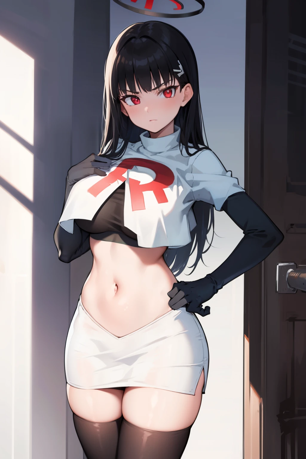 Rio, blue archive, black hair, halo halo, red eyes, face focus, mature female, large breast, head focus,team rocket,team rocket uniform,white skirt,red letter R,crop top,black thigh-highs,black elbow gloves