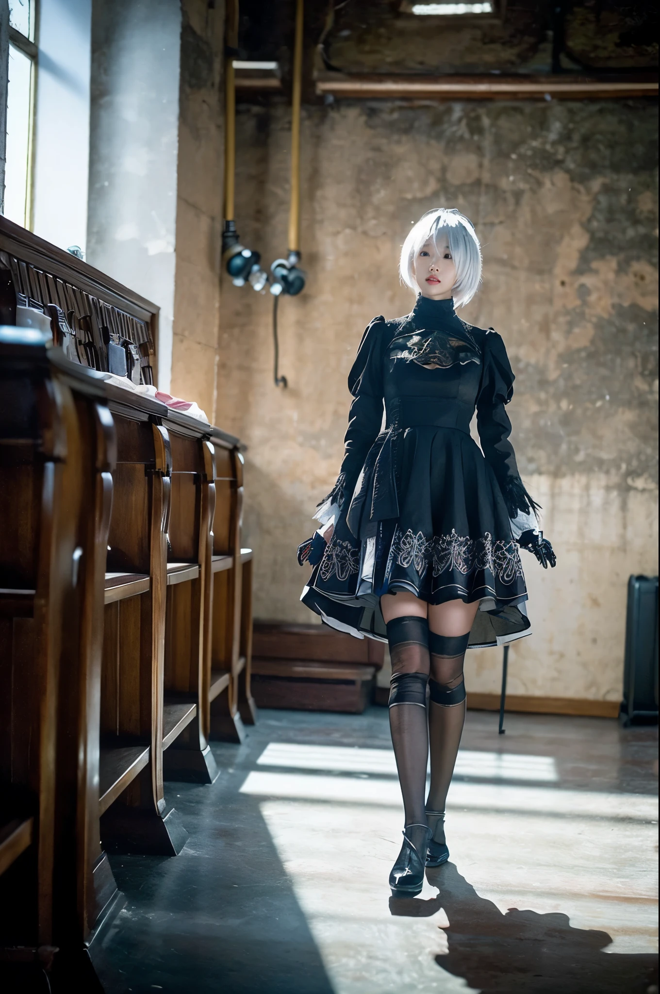 nier:Beautiful cosplay of 2B from Automata、A woman cosplaying as 2B、White skin、tall、可likeい顔、21 years old、Englishman、nier:2B&#39;s black costume from Automata、Light background、Fantasyな教会を背景に、Standing tall in the middle of the church、Shooting from a diagonal angle、masterpiece、highest quality、high resolution、Fantasy、Glare、Anime Cosplay Makeup、Real Cosplay Photo、Cool photos、Full body portrait、handsome pose、Wrapped in the pale glow of the morning sun、like、happiness、Kindness、Smoothly rendered