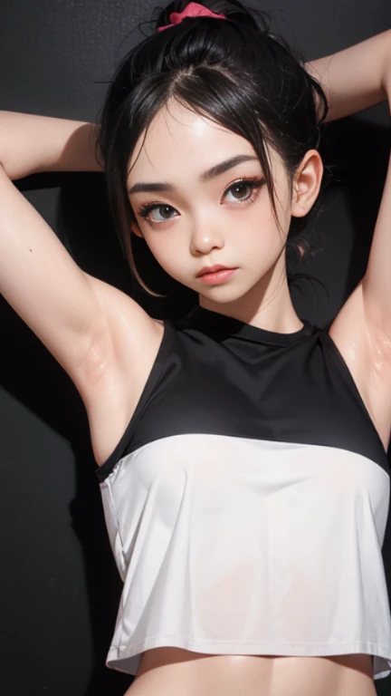 Cute girl armpit, indonesian face 22 yo, sweat armpit, wearing loose black tanktop, wrinkles armpits