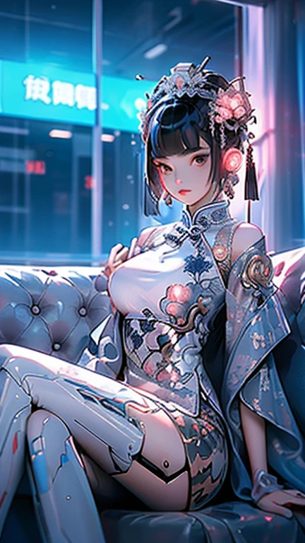 1 girl, chinese_clothes, in white and pink, cyberhanfu, Cheongsam, cyberpunk city, dynamic pose, Headdress, hair ornament, long hair, cyberpunk, a high-tech city, full of machinery and futuristic element, futurism, technology, aqua hair, divine goddess, huge breasts, queen, lace, lace trim, pearl necklace, gold, jewelry, tiara, neon, diamonds, looking at viewer, epic, grand curtains, indoors, sit on sofa