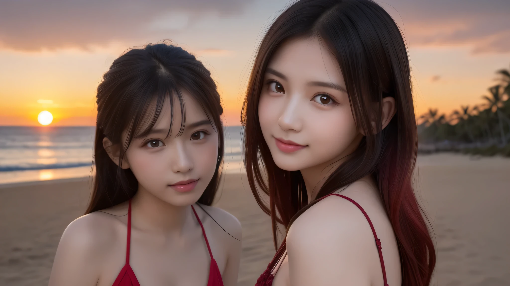 (2girl), enchanting smile, (extremely detailed beautiful face), (highly detailed eyes, highly detailed face), (bikini), Fresh, very clean appearance, (best Quality:1.4), (hyper-realistic, hight resolution), Professional Photography, beach, palm trees, standing, Outdoors, (beach), beautiful sunset sky, backlit, silhouette, (Evening sky dyed red:1.4), Close up portrait of girl, staring at me,