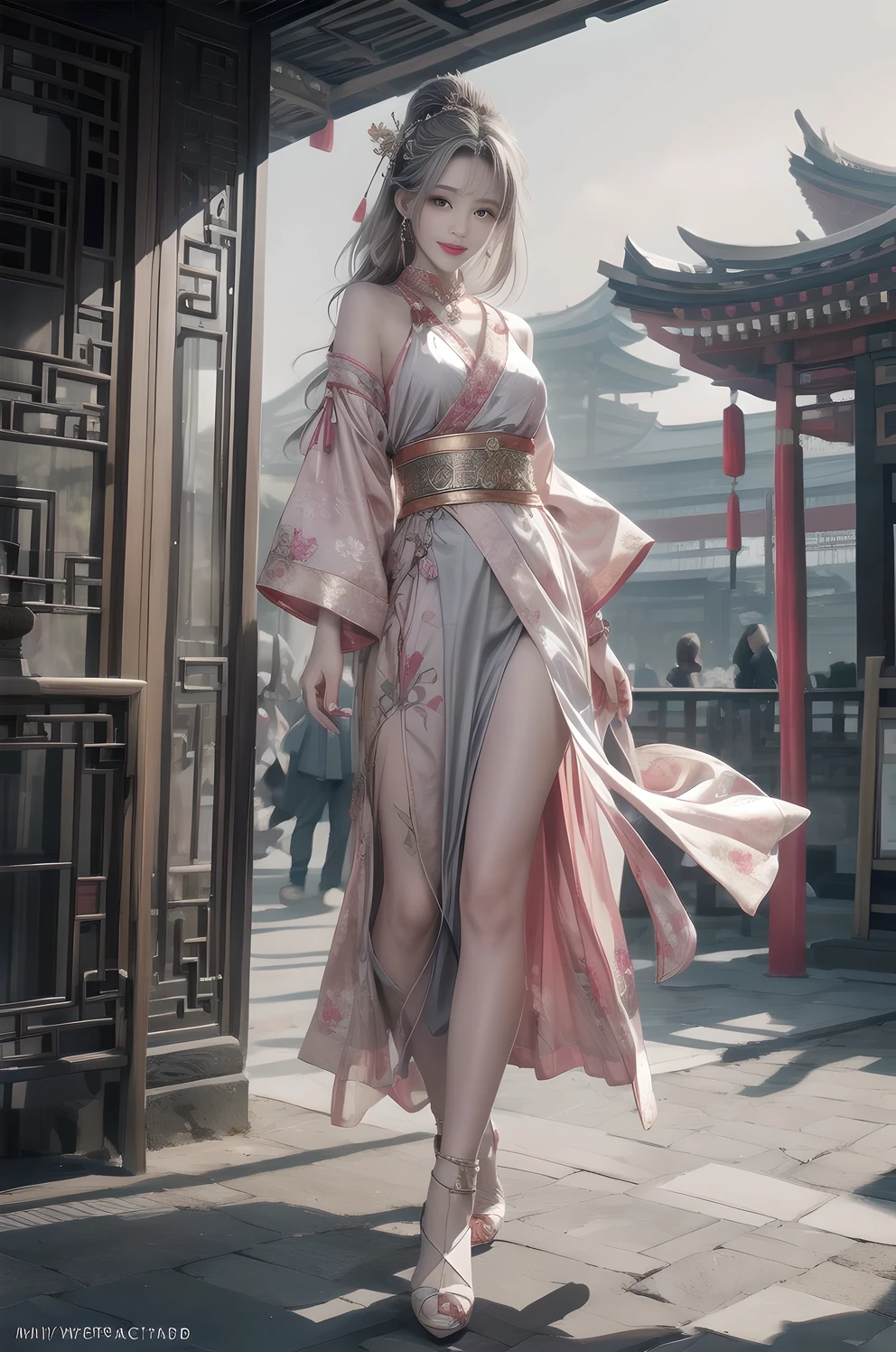 Best quality at best, tmasterpiece, A high resolution, 1 girl, ancient Chinese pink a skirt, Nice face, ancient Chinese costume, Bow tie no original picture, Elegant, noble, diadems, lean legs, faeries, hair adornments, Alone, looking at viewert, Smiling, shut up, Open, a skirt,high-heels, hair adornments, choker necklace, jewely, Long gray hair, ear nipple ring, architecture, east asian architecture