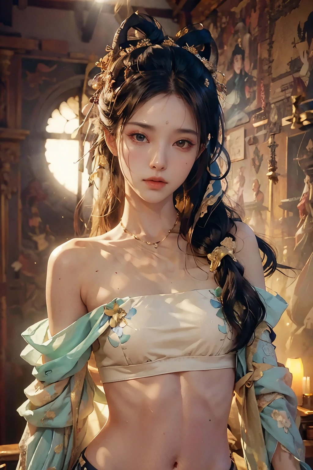 (RAW Photo, Best Quality), (Realistic, Photo Realistic: 1.3), Best Quality, Highly Detailed, Masterpiece, Hyperdetail, Illustration, 1 Girl, upper_body, Dynamic Angle, World Masterpiece Theater, messy_long_hair, Best Quality, Extremely Detailed CG Unified 8k Wallpaper, Ink, Amazing, Cinematic Lighting, lens_flare, Chu Chu Touching,The shoulders have exposed skin,The belly button is exposed,A beautiful woman,A pensive, lost in thought,Make eye contact with the other person,Thin body type,Small Bust,Small breasts,