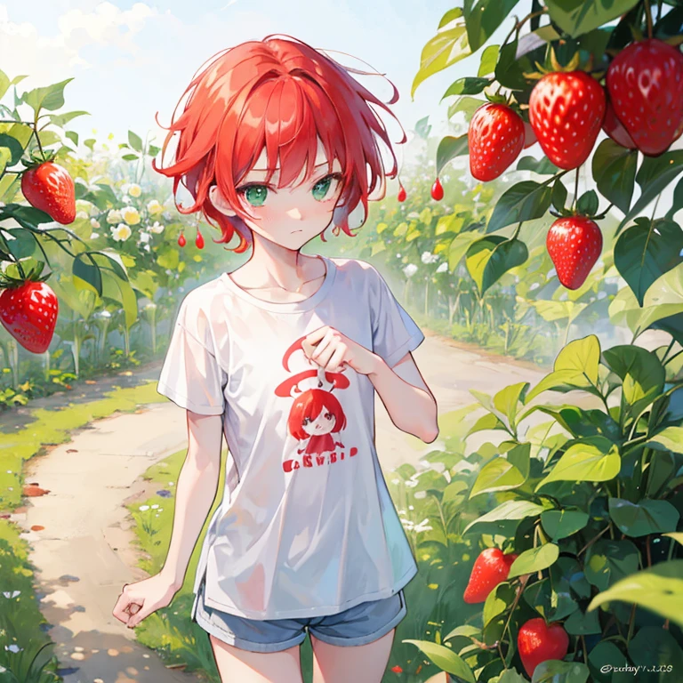 best quality, ultra high res, 1 boy, red hair, green eyes, short and thin body, wearing a white shirt and shorts, ((shy expression)), ((strawberry))