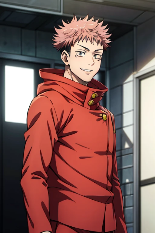 young boy, Smile, Itadori Yuji, uniform jujutsu with Red hood, brown eyes, pink hair, short hair, anime style jujutsu kaisen. 