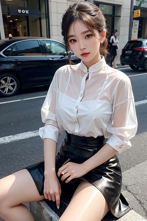 beautiful girl, sitting on the street, wear short shirts, wear see-through underwear, elegant face, glowing smooth skin, Ánh nắng rực rỡ, The photo exudes youthfulness, full of vitality of a growing girl. The shirt has shiny leather material, Beautiful colors. The girl&#39;s shirt has rainbow colors, thêu hoa gấm chi tiết. Fashion handbags, expensive.