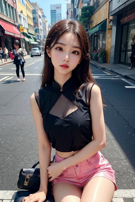 beautiful girl, sitting on the street, wear short shirts, wear see-through underwear, elegant face, glowing smooth skin, Ánh nắng rực rỡ, The photo exudes youthfulness, full of vitality of a growing girl. The shirt has shiny leather material, Beautiful colors. The girl's shirt has rainbow colors, thêu hoa gấm chi tiết. Fashion handbags, expensive.