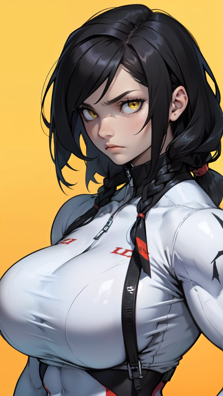 pale angry muscular girl thick breast black hair yellow eyes long hair hair between eyes