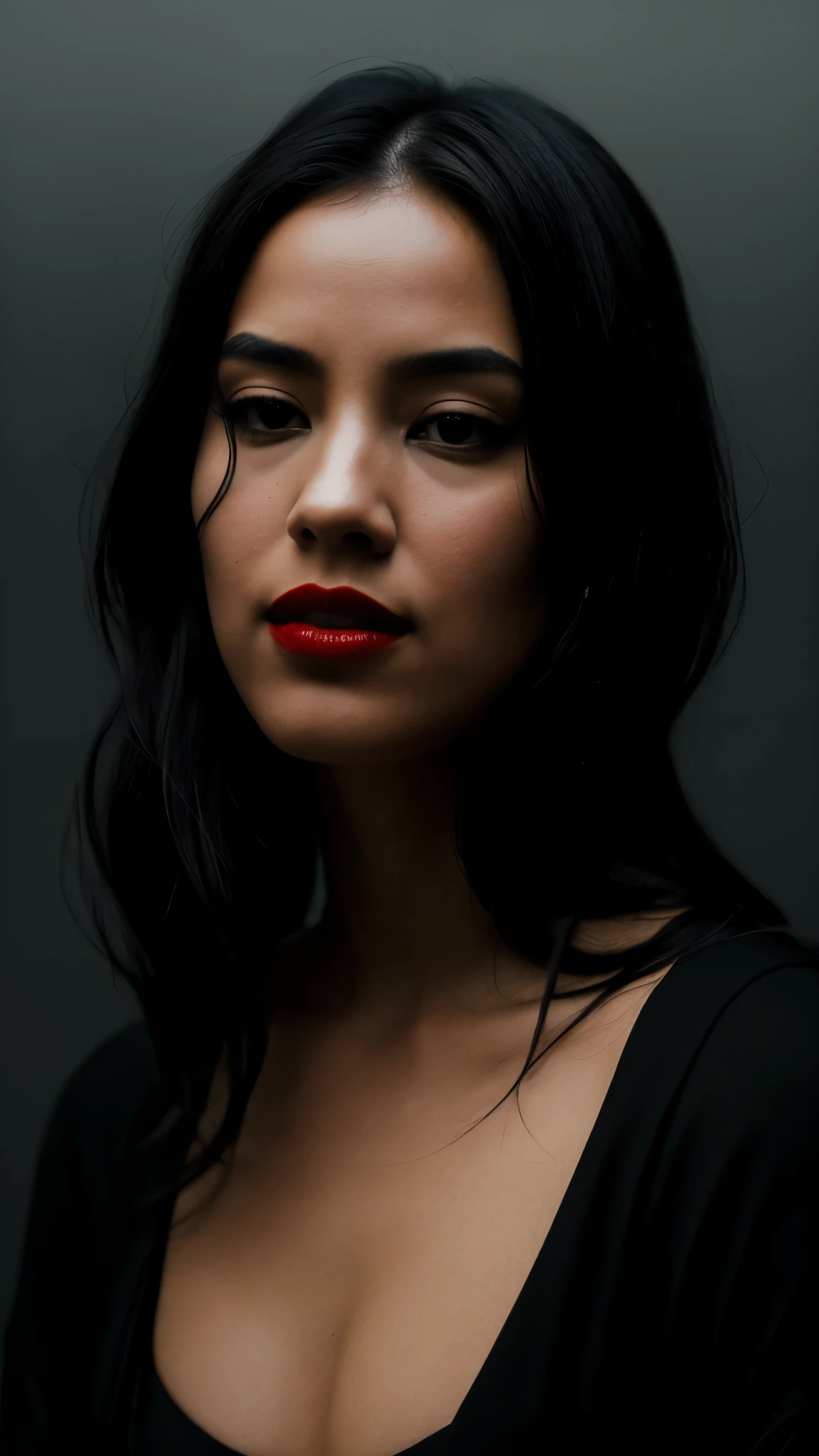Minimalistic black background with a woman's face with sharp red lipstick, partially obscured in the style of flowing fabric, acreating an enigmatic and mysterious atmosphere. The dark tones accentuate the dramatic effect of her lips and hair against the stark contrast between lightness and darkness in the composition. This design is perfect for conveying a sense of mystery or depth. The ultra realistic photography style accentuates the dramatic effectThis stunning image is rendered in insanely high resolution, realistic, 8k, HD, HDR, XDR, focus + sharpen + wide-angle 8K resolution + HDR10 Ken Burns effect + Adobe Lightroom + rule-of-thirds + high-detailed bark.
(minimalist abstraction:1.2), (subtle gradient backdrop:1.1), (tranquil yet evocative:1.2), (conceptual portraiture:1.3), (play on perception:1.2), Canon EOS 5D Mark III, 1/160s, f/8, ISO 100, (surreal calm:1.1), (visual metaphor:1.3),
