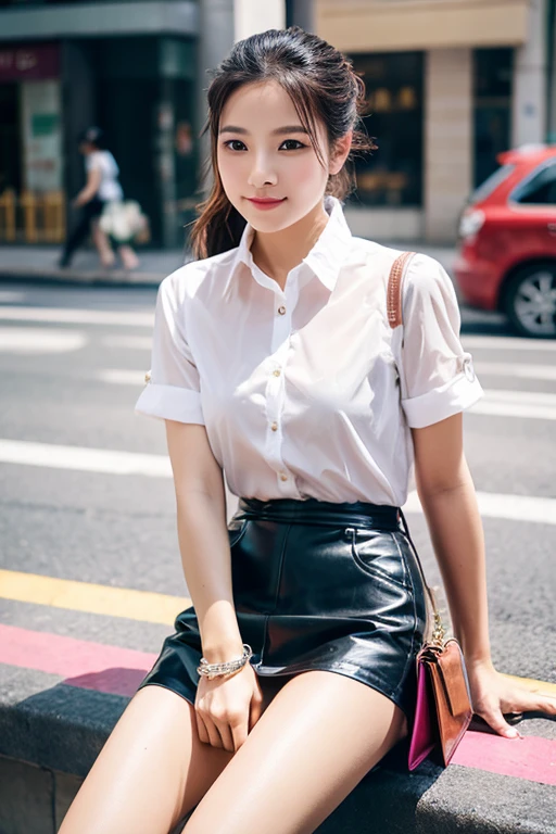 beautiful girl, sitting on the street, wear short shirts, wear see-through underwear, elegant face, glowing smooth skin, Ánh nắng rực rỡ, The photo exudes youthfulness, full of vitality of a growing girl. The shirt has shiny leather material, Beautiful colors. The girl&#39;s shirt has rainbow colors, thêu hoa gấm chi tiết. Fashion handbags, expensive.