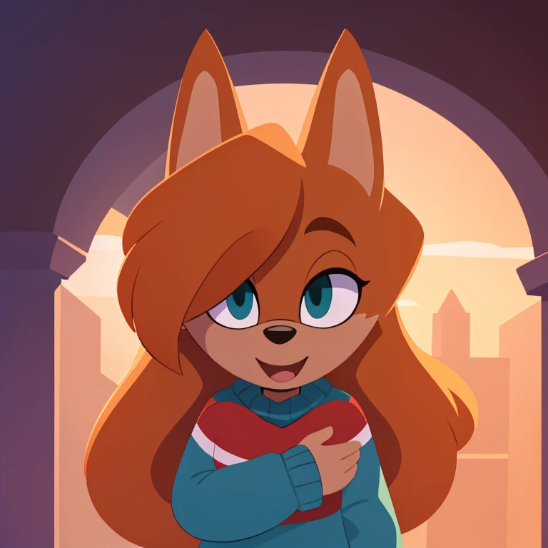score_9, score_8_up, 1girl, solo, Whisper the wolf, eyes open, closed mouth, smile, sweater, looking at viewer, pov, pov hug, lineless style, 2D 