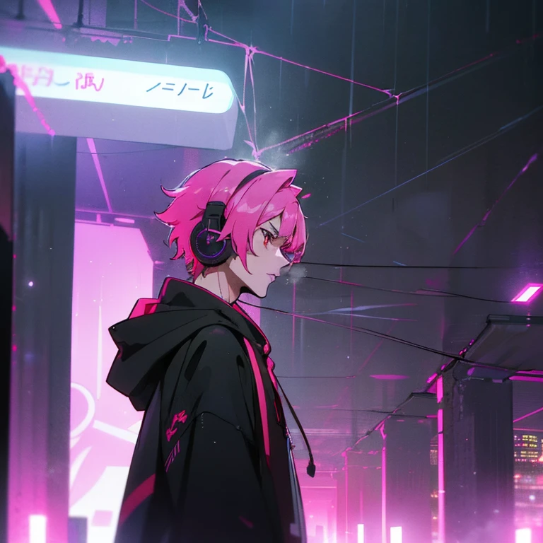 (Best quality), (masterpiece), (Super detailed), (Shortcuts), (Two-block hair), (Bright pink hair), (Red Eyes), (Cool pose), (Oversized hoodie), (Street Style), (neon), (Modern City), (neonデイライト), (Cinematic), (Stylish), (High resolution), (Hyper-detailed), (Soft Town), (Nightcore), (a handsome guy), (The natural look of the building), (IG Studio Anime Style), (Low - Angle), (visualize), (Purple Lip), (Wear headphones), (it's raining)