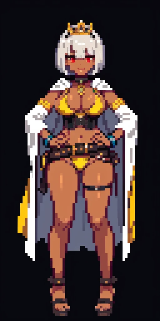 (nsfw)((BLACK BACKGROUND 1:2, masterpiece)) 1solo female full body MILF BIMBO standing straight symmetrical with two long thighs and two metal sandals, red eyes like rubies, eye focus looking to the viewer, silver white hair, short bob style hair, big knockers breastplate, breastplate, cleavage, tiara royal, long cape up to two feet, yellow bikini (yellow tiger stripes), lustful smirking smiling, smile face (red blushed, red cheeks), pauldrons metal shoulders, gold sleeveless bracelets, separate sleeves, hands on waist hands OR hips, golden bracers, metal handcuffs, leather corset, red loincloth, black leather choker slave collar, shackles bracelets, slave red crest under navel, navel, big belt around waist OR hips, feet together, metal ankle, two long thighs and two metal sandals (Mizuno Akane)(GYARU)(DARK SKIN)