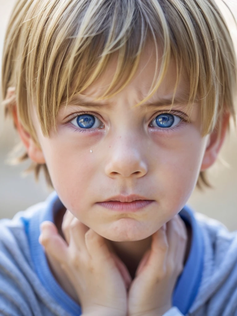 A boy crying, very sad, inconsolable, blond boy with blue eyes, very white skin, very beautiful face