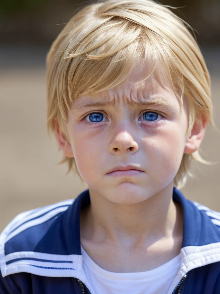 A  boy crying, very sad, inconsolable, blond boy with blue eyes, very white skin, very beautiful face