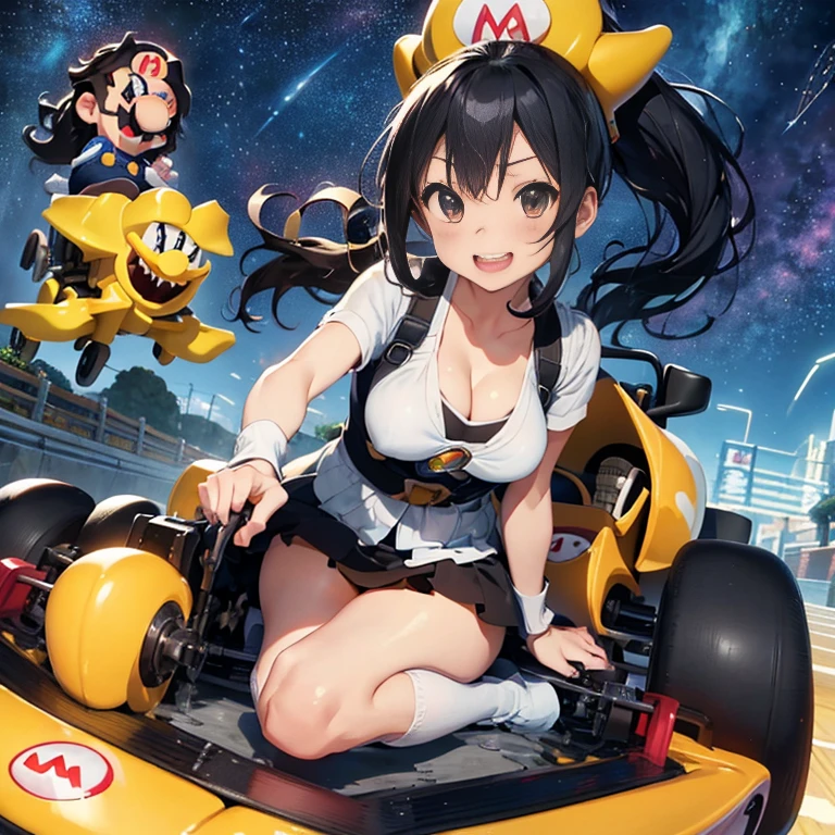 Official Art, unity 8k wallpaper, Very detailed, Beautiful, beautiful, masterpiece, highest quality, (Tangleた, Tangle, Tangle), 1 girl, Black-haired,ponytail、 Girl wearing headphones、Ride a go-kart、driving席、((((Mario Kart、))))smile、The fugitive Japanese, Exposing shoulders, Short skirt, Calf、Knee-high socks, Very detailed, dynamic,、driving、Bakusou、ハンドルを掴んでdriving、Camel Toe、Giant tit、Nipple Puffs、Cleavage、Plump、Super big breasts、Super big butt