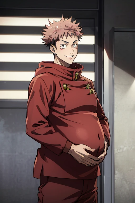 young boy, Smile, Itadori Yuji, uniform jujutsu with Red hood, brown eyes, pink hair, short hair, anime style jujutsu kaisen. Pregnant six months