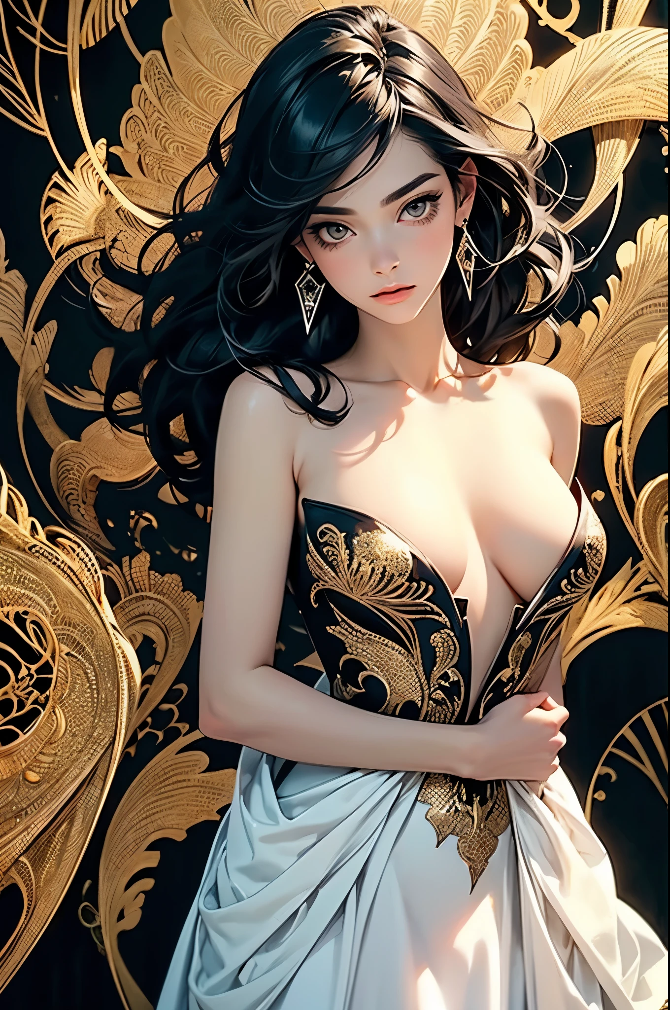 ((best quality)), ((masterpiece)), (detailed), detailed skin, Golden Eyes, Long black hair with thick waves, black silk dress, fluid dynamics, upper body nude, big bust, pink nipples, brilliant golden halo, Her attire combines a rich palette of black and gold, Create a gorgeous and timeless look, Surround her with intricate fractal art patterns that come to life, adding a surreal and otherworldly dimension to her pLipsence, creative, tangled, get caught in, High_Lips, (fractal art:1.1), (black diamond), (black hair), highest detailed, (zentangle:1.2), (dynamic pose), (abstract background:1.3), (earrings:1.4), (Shiny white skin), tiffany blue, (Big breast), (better delicate eyes), (black dress), (model body), (upper body naked nude), ((close-up face)), face looking down, chin raised, arrogant face, haughty, 8K