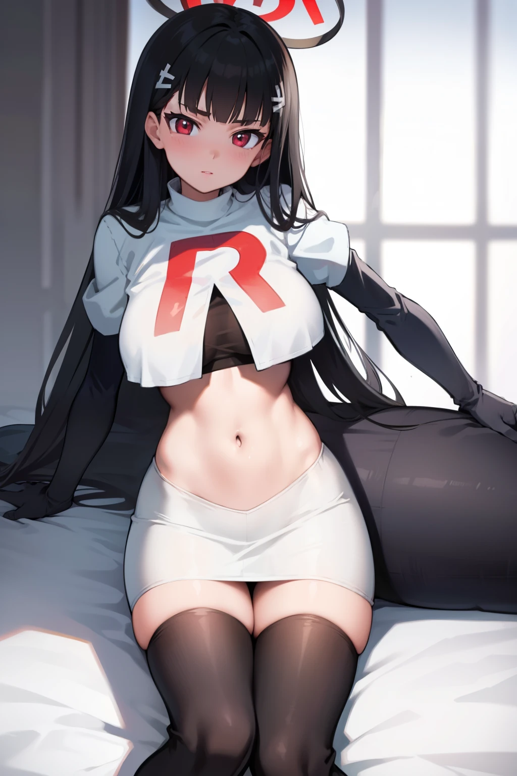 Rio, blue archive, black hair, halo halo, red eyes, face focus, mature female, large breast, head focus,team rocket,team rocket uniform,white skirt,red letter R,crop top,black thigh-highs,black elbow gloves
