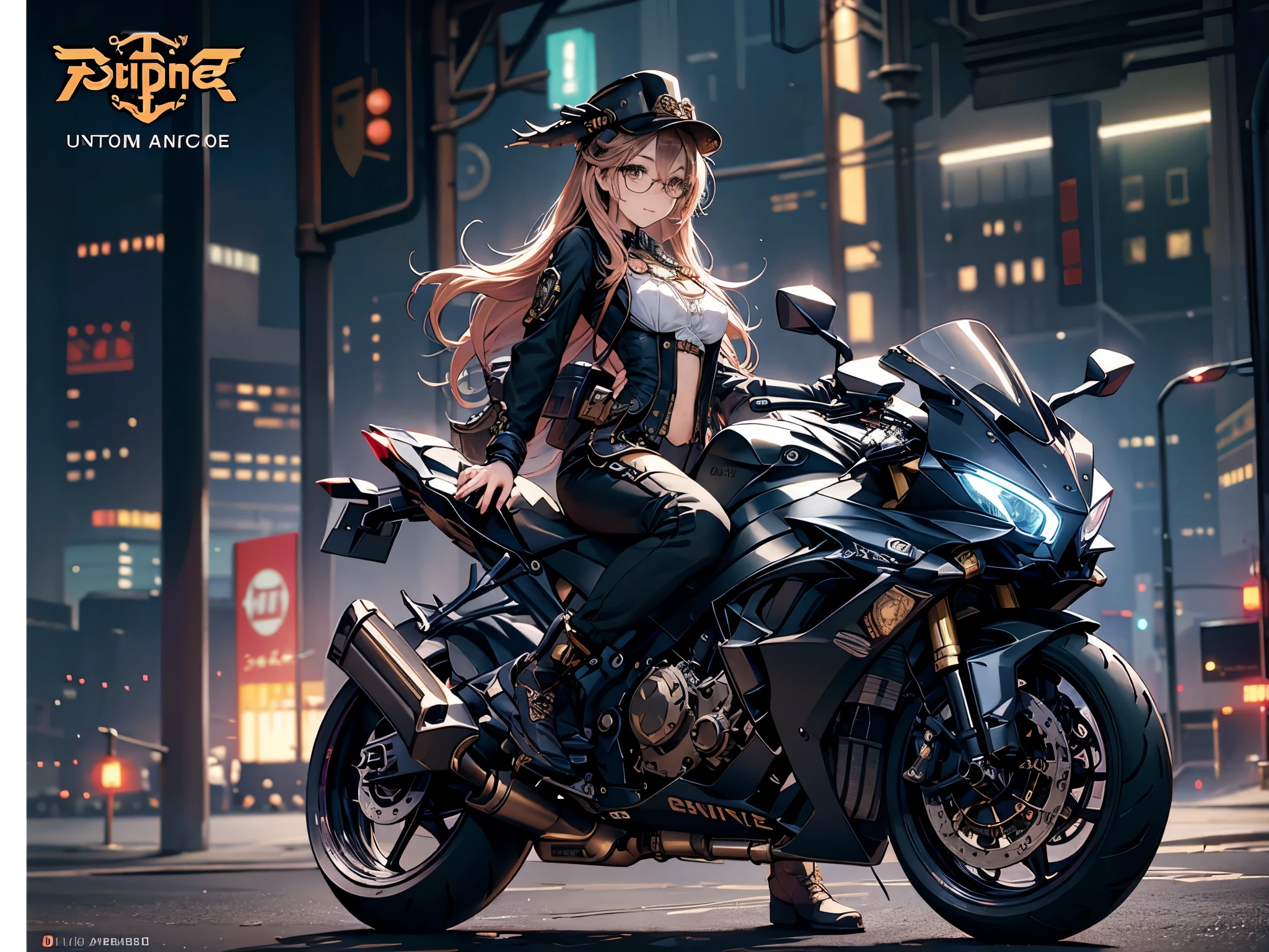 (Line art_anime),(Cowboy Shot, highest quality, ),(Photo by Laura Budd:1.2),(Laura Add details:1.0),8K, Flat Color:0.8,Dynamic Angle,1 girl,smile、(On a steampunk motorcycle:1.5)、An elaborately decorated motorcycle、(Highly decorative and complex mechanical steampunk fashion, lace flare dolphin hat、goggles 1.5、machinery background、Gear background、Intricately mechanized steampunk cityscape 1.5),