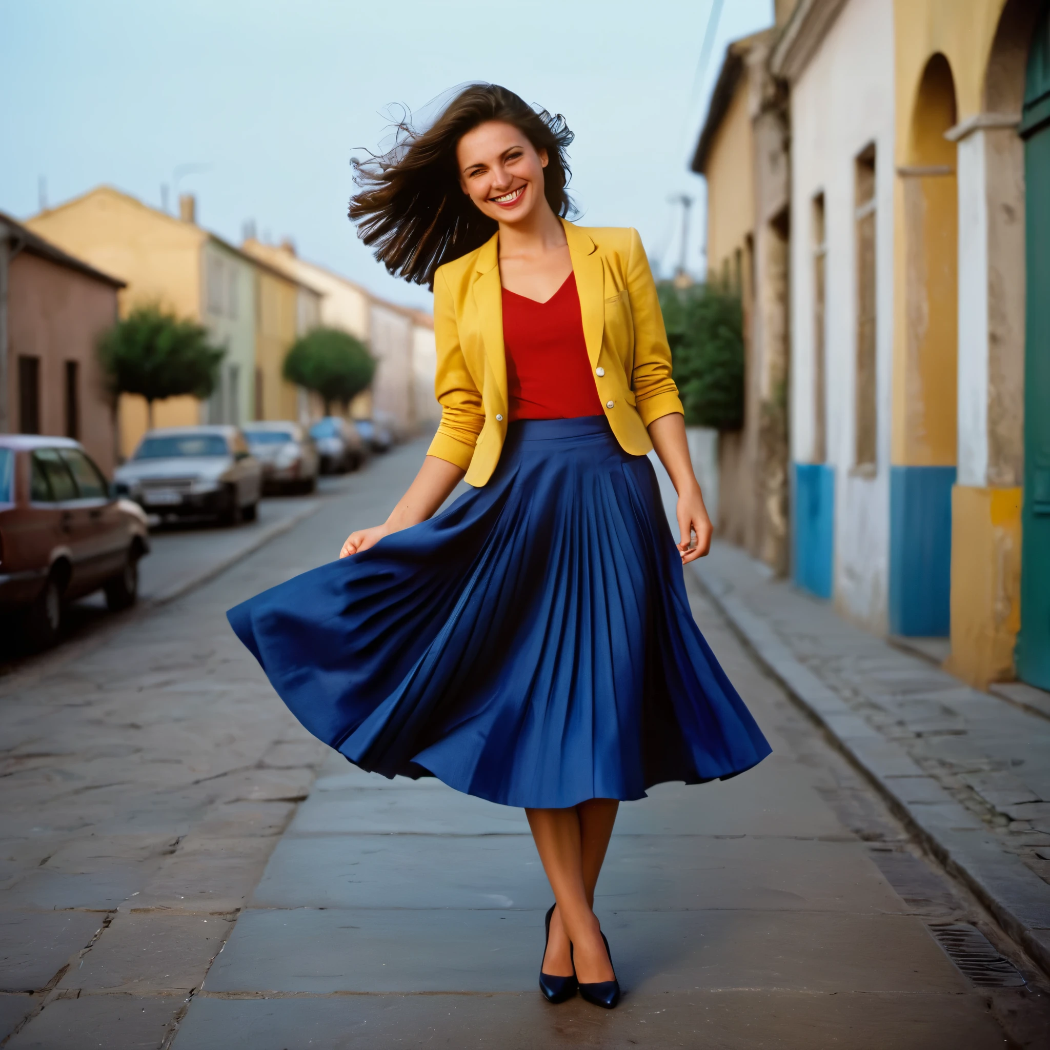 A smiling, authentic, (shy:1,3), kind, beautiful woman, is passionately in love with her skirt, dancing while wind lifts her skirt, wearing short blazer and very, very detailed (long (fully pleated) full circle skirt) and (low heeled court shoes), very, very intricate hyper-detailed symmetric (attractive graceful young feminine face) with (sad, tired eyes and a loving smile), very voluptuous breasts, full of empathy and compassion and love, (pronounced (feminine) features), (highly detailed ultra accurate realistic) hands and fingers, (windy), epic composition, highly detailed attributes, (35mm f1.4 Kodak portra 400 photograph), extremely high quality RAW photograph, highly detailed atmosphere, cinematic shot, dynamic lighting, 75mm, Technicolor, Panavision, cinemascope, sharp focus, fine details, 8k, HDR, realism, realistic, key visual, film still, superb cinematic color grading, depth of field