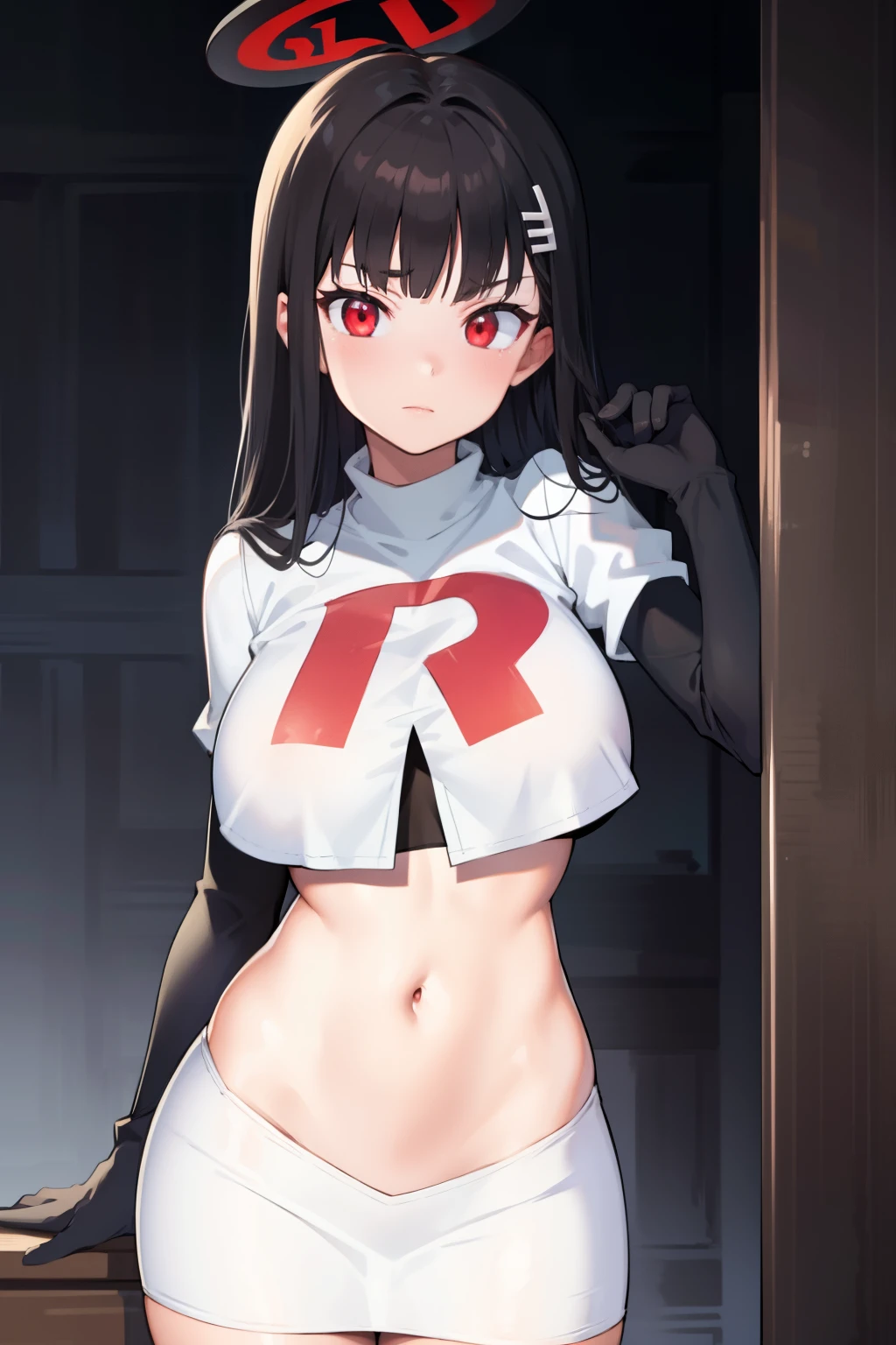 Rio, blue archive, black hair, halo halo, red eyes, face focus, mature female, large breast, head focus,team rocket,team rocket uniform,white skirt,red letter R,crop top,black thigh-highs,black elbow gloves