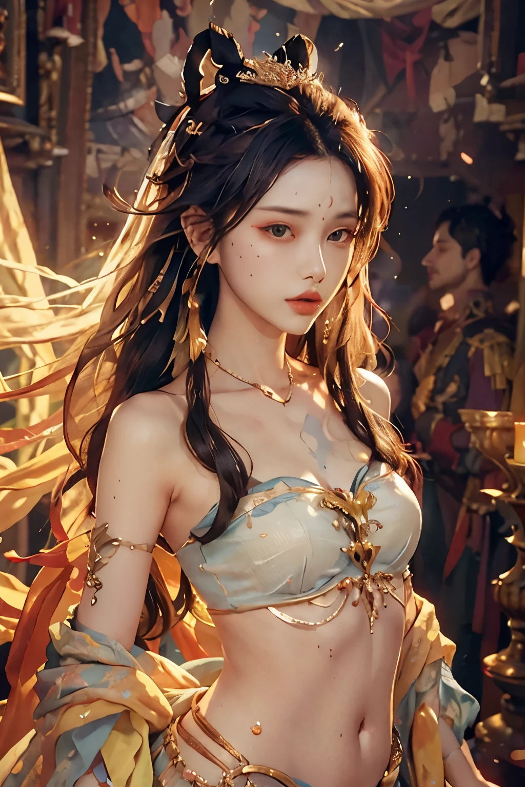 nsfw,(RAW photo, best quality),(realistic, photo-realistic:1.3),best quality,highly detailed,masterpiece,ultra-detailed,illustration,1girl,upper_body,dynamic angle,world masterpiece theater,messy_long_hair,best quality,extremely detailed CG unity 8k wallpaper,ink,Amazing,cinematic lighting,lens_flare,dunhuang_style,