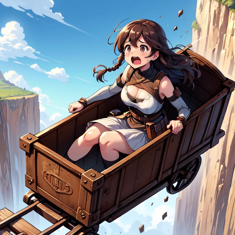 masterpiece,highest quality,Very detailed,One girl,alone,surprised,Cry with your eyes open,tears,tear up,The pupils constrict,shout,Scared,
Ah ah,Long Hair,Brown Hair,Braiding,Brown eyes,Exposing shoulders,armor,breastplate,White sleeves,Removable sleeves,
Flying Blake in a miniature car,falling towards the bottom of a cliff in high position,cliff,Rusted,iron,(((Box-shaped minecart,Boxed))),iron道の線路,Speed Line,Camel Toe、Giant tit、Nipple Puffs、Cleavage、Plump、Super big breasts、Super big butt