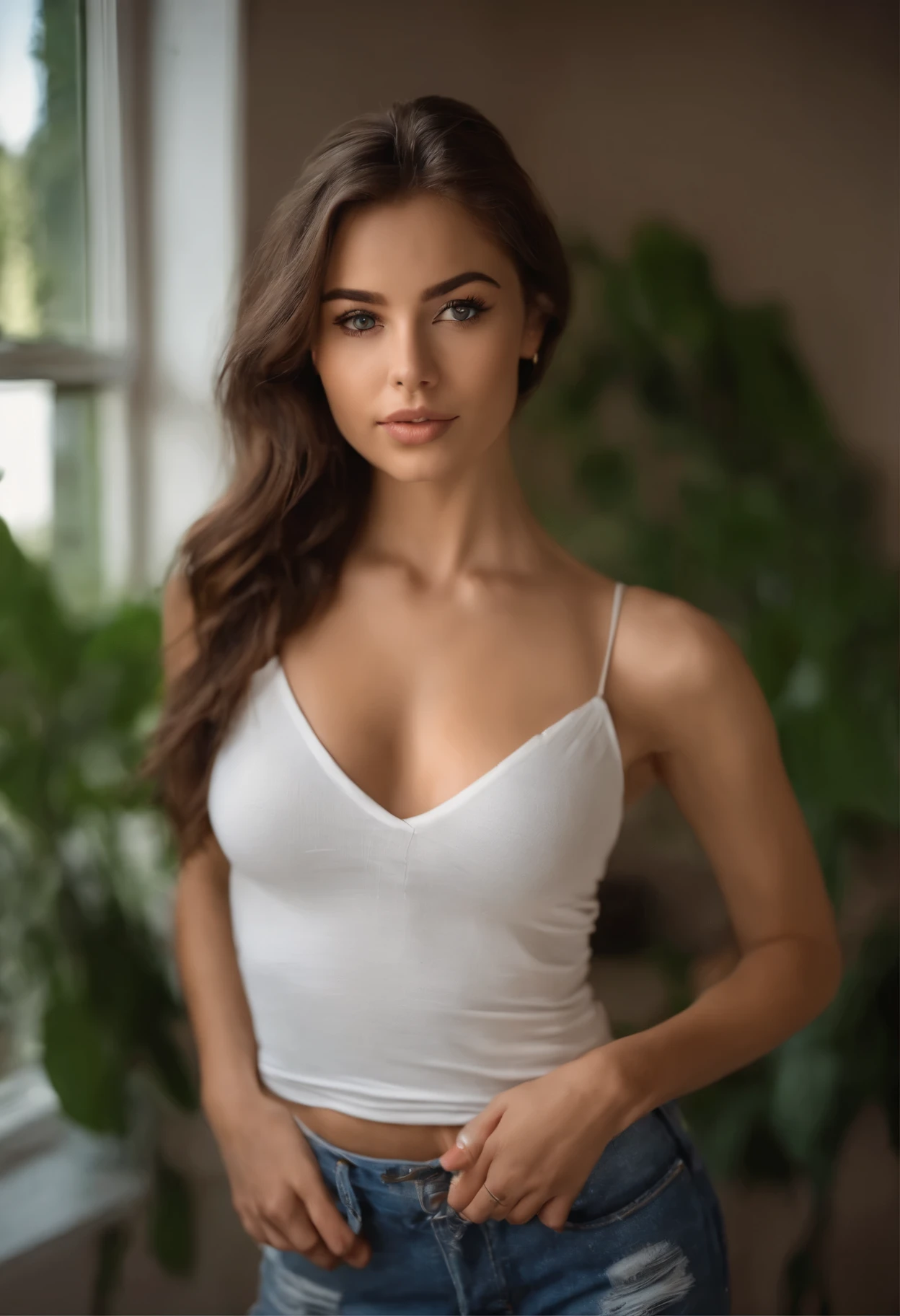 woman, topless, with panties, sexy girl with brown eyes, portrait sophie mudd, brown hair and large eyes, selfie of a young woman, bedroom eyes, violet myers, without makeup, natural makeup, looking directly at the camera doing smile face with artgram, subtle makeup, stunning full body shot, in bedroom