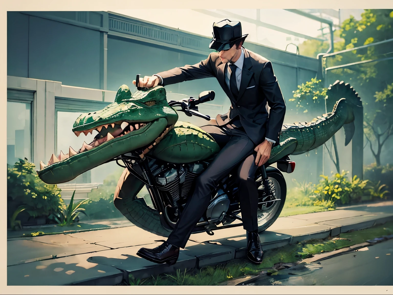 (((Crocodile)))) in a suit riding a motorcycle