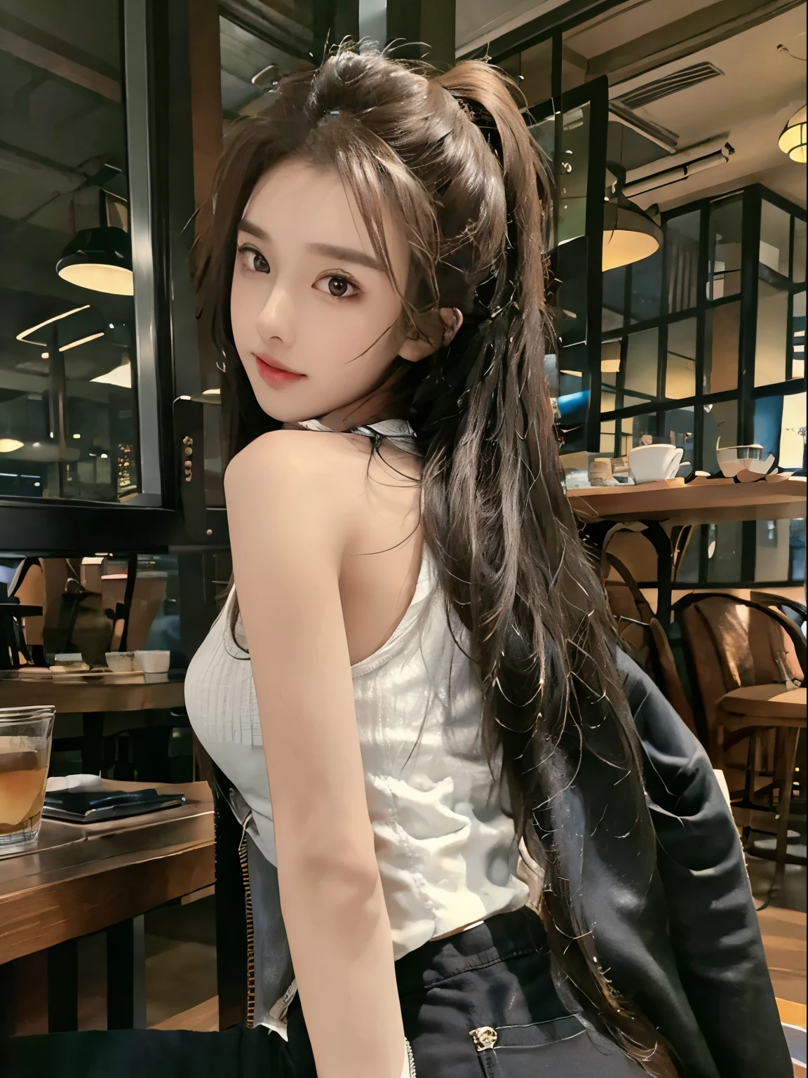 realistic, high resolution, 1 girl, long hair, korean,, tight black tanktop with a black jacket, short jeans, thighs, panties visible, big ass, sitting on a cafe chair, in a cafe, coffee on the table, shot from the front