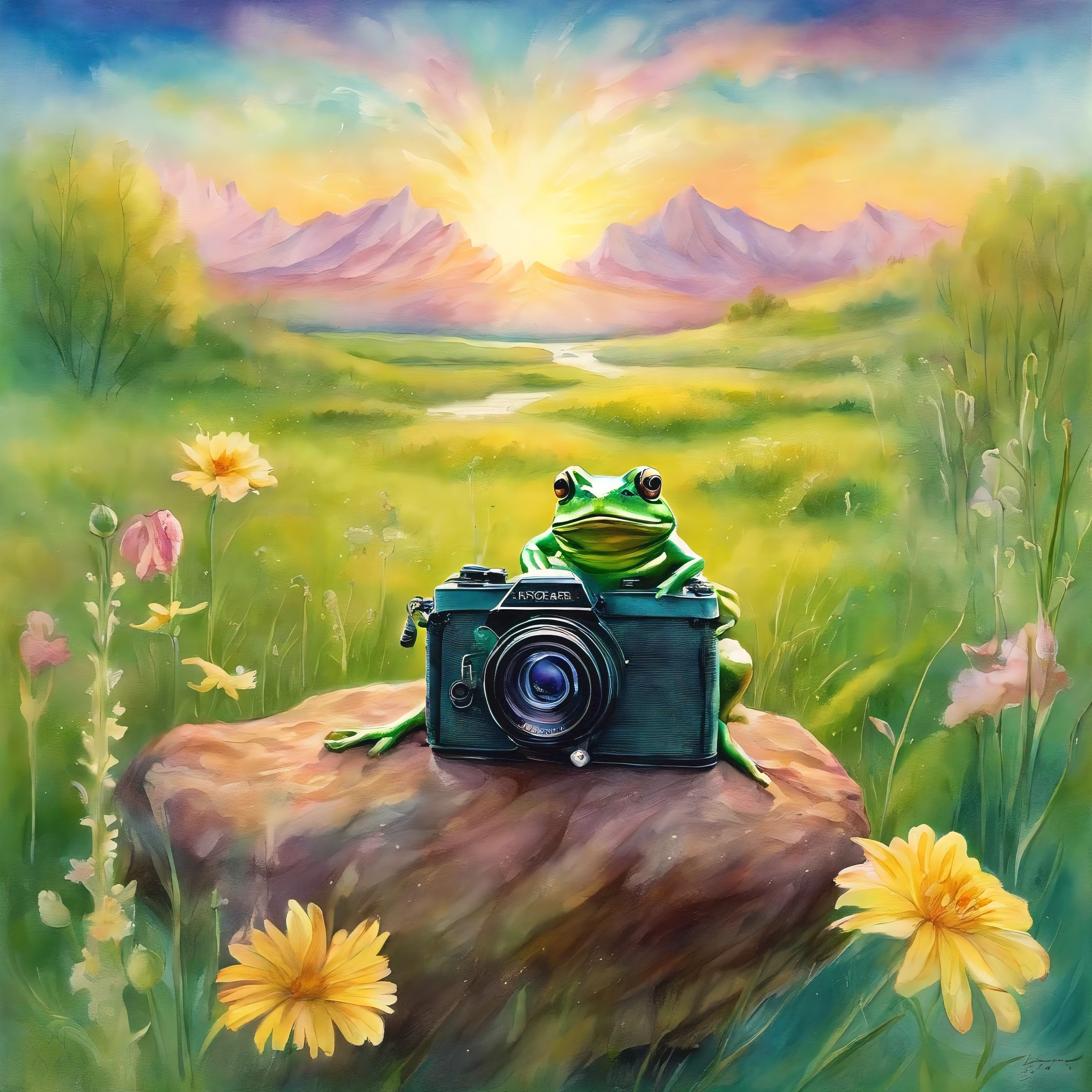 watercolor drawing, frog photographer, A beautiful green frog with four on a huge stone next to a large camera lies on a flower meadow in the morning sky with splashes of glowing water.,Magnetic storms, early morning, glowing sky, green frog on a huge stone with a camera lying nearby, Jean-Baptiste Monge, anthropomorphic --ar 2:3 --testp - optimistic; macro photography