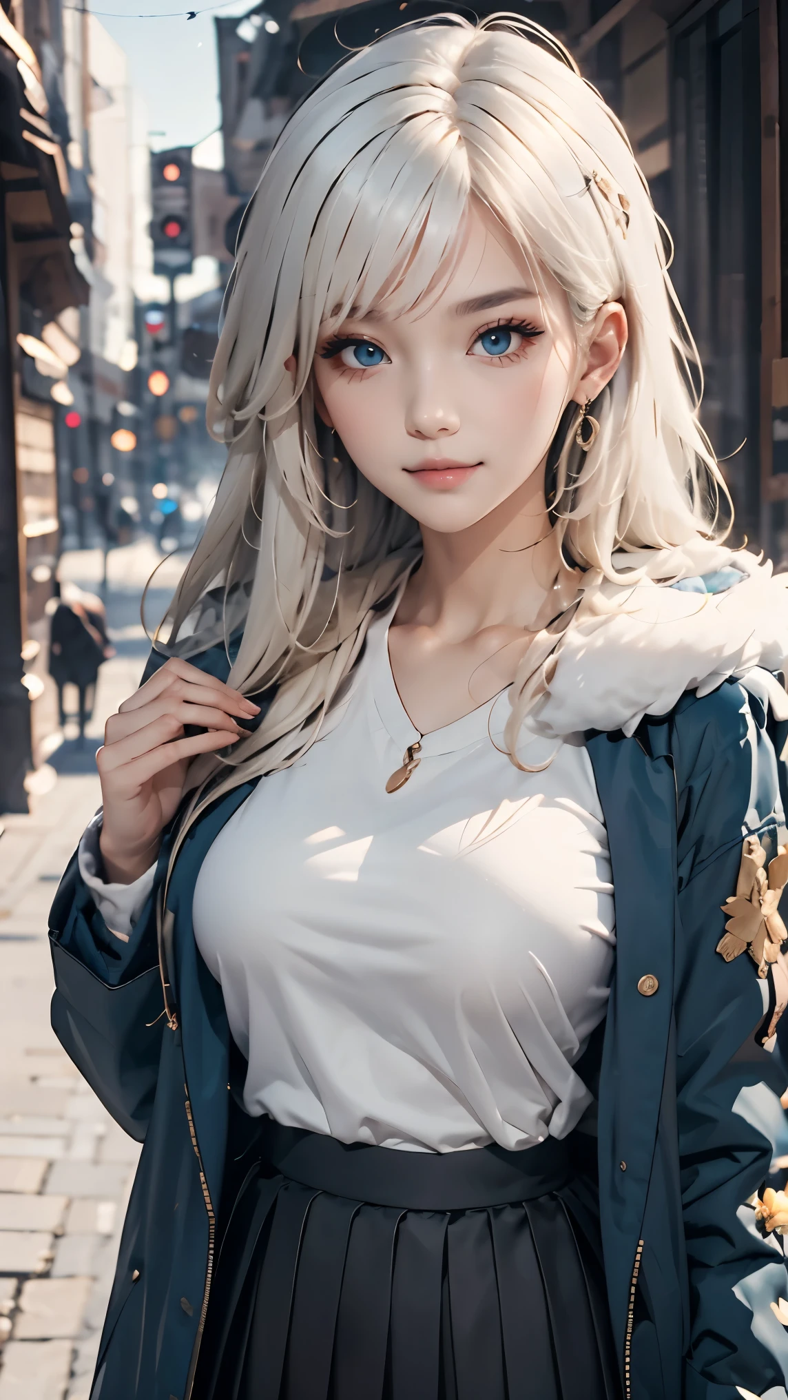 (masterpiece:1.2, best quality), (real picture, intricate details), 1lady, solo, upper body, casual, long hair, minimal makeup, natural fabrics, close-up face, smile, home, long light platinum blonde hair, bangs, wavy hair, voluminous hair, green eyes, big breasts, cold clothing, cute clothes, pleated skirt, black skirt, beautiful clothing, blue parkas, blue coat, coat with fur, blue coat white fur, bangs on forehead, Korean bangs, cute bangs.