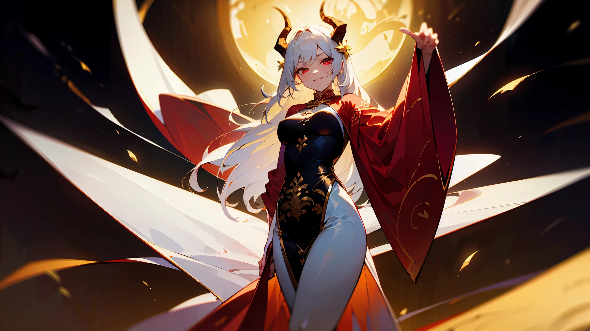 (best quality,highres,masterpiece:1.2),(flatten art:0.75), masterpiece, best quality, 1woman, Anime, darker environment, horns, long straight white hair, golden hair ornaments, white ao dai, red eyes,(detailed eyes), large breast, (delicate fingers), enticing, night, dark, looking at viewer, solo, faint moonlight, smirks