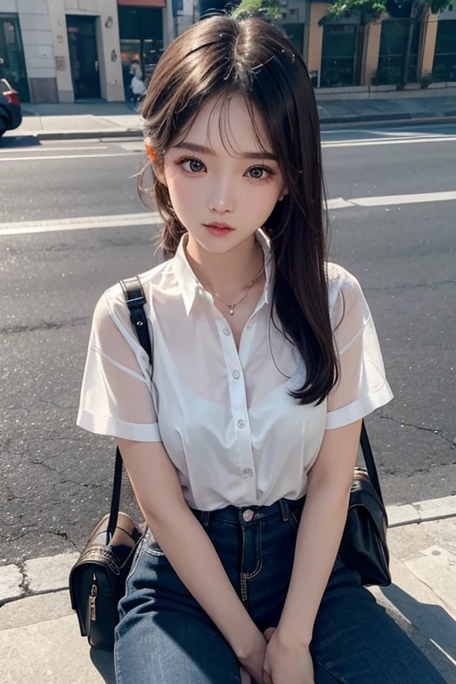 beautiful girl, sitting on the street, wear short shirts, wear see-through underwear, no pants, elegant face, glowing smooth skin, Ánh nắng rực rỡ, The photo exudes youthfulness, full of vitality of a growing girl. The shirt has shiny leather material, Beautiful colors. The girl's shirt has rainbow colors, thêu hoa gấm chi tiết. Stylish phone, expensive.
