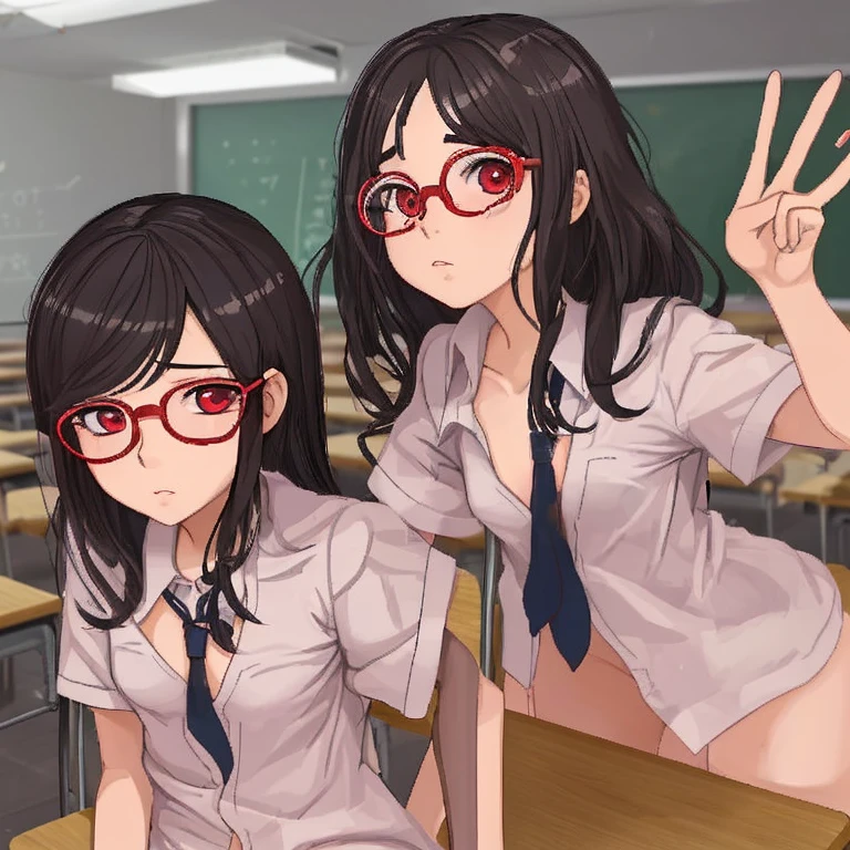 Hentai joven escolar, Naked doggy position in the classroom, pelo rubio ojos rojos, very small breasts and glasses