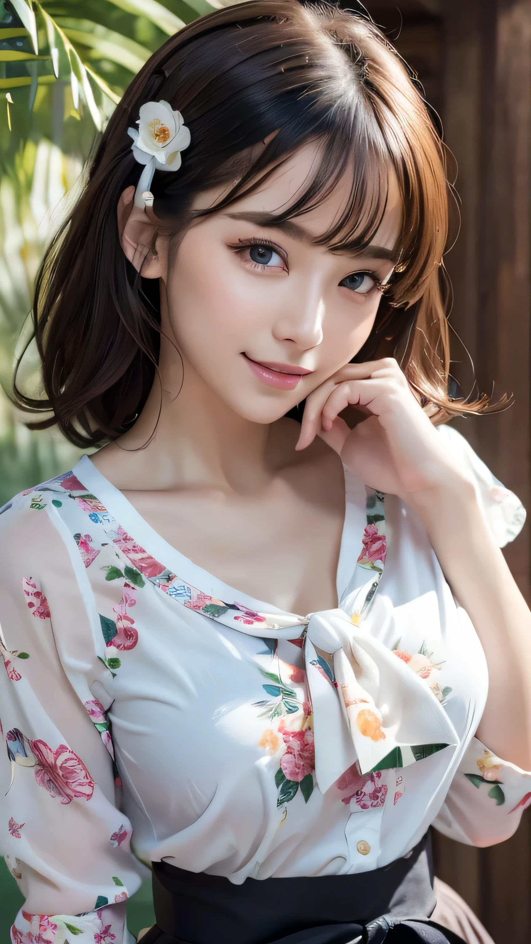 (8k, 超A high resolution,Ultra-high resolution、RAW Photos、 highest quality, Tabletop:1.5)、Japanese girl's life々Beautiful portrait、超A high resolution、highest quality、 (Big Breasts、Proudly:1.3)、{Hide all breasts}{Pleated skirt in off-white:1.6}、(((wearing Floral blouse with ribbon tie:1.3))、(Dressing room:1.2) break (Natural skin texture、Detailed skin、Hyperrealism、Ultra Sharpness)、Intricate details、Depth of written boundary、Sexy adult woman、Short black hair、Tight asasterpiece、highest quality、High Detail))、(Photorealistic:1.4)、solo、Close your mouth、Smile happily、Big eyes、Clear double eyelids、Eyelashes、Long neck、Absolute area、Beautiful collarbone、Perfect Face、Thin lips、Small Face、(Staring at the audience、Eye highlights、Light brown eyes、Lip gloss)、((Loosely inward wavy hair:1.2)),((Place your left hand gently on your chin,right hand holding chest:1.3))、((heels on the ground on:1.3)),