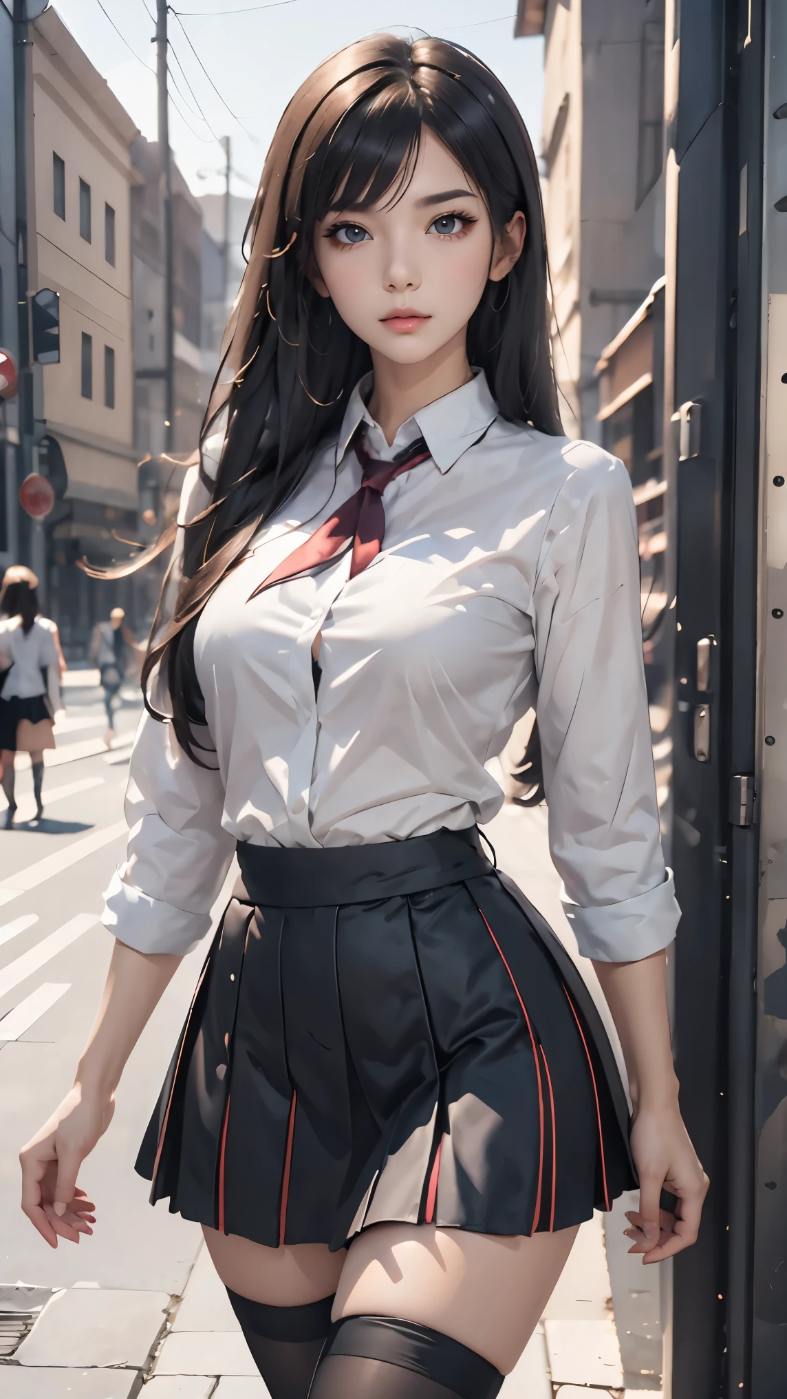 Arad woman posing for photo in short skirt and white shirt, Surrealism female students, Surrealism female students, Realistic , photorealistic anime girl rendering, thighhighs and skirt, 3 d anime realistic, small curvaceous , wearing skirt and high socks, Photorealistic anime, cute female student, Realistic anime 3 D style, female student, risbeauty asia,
