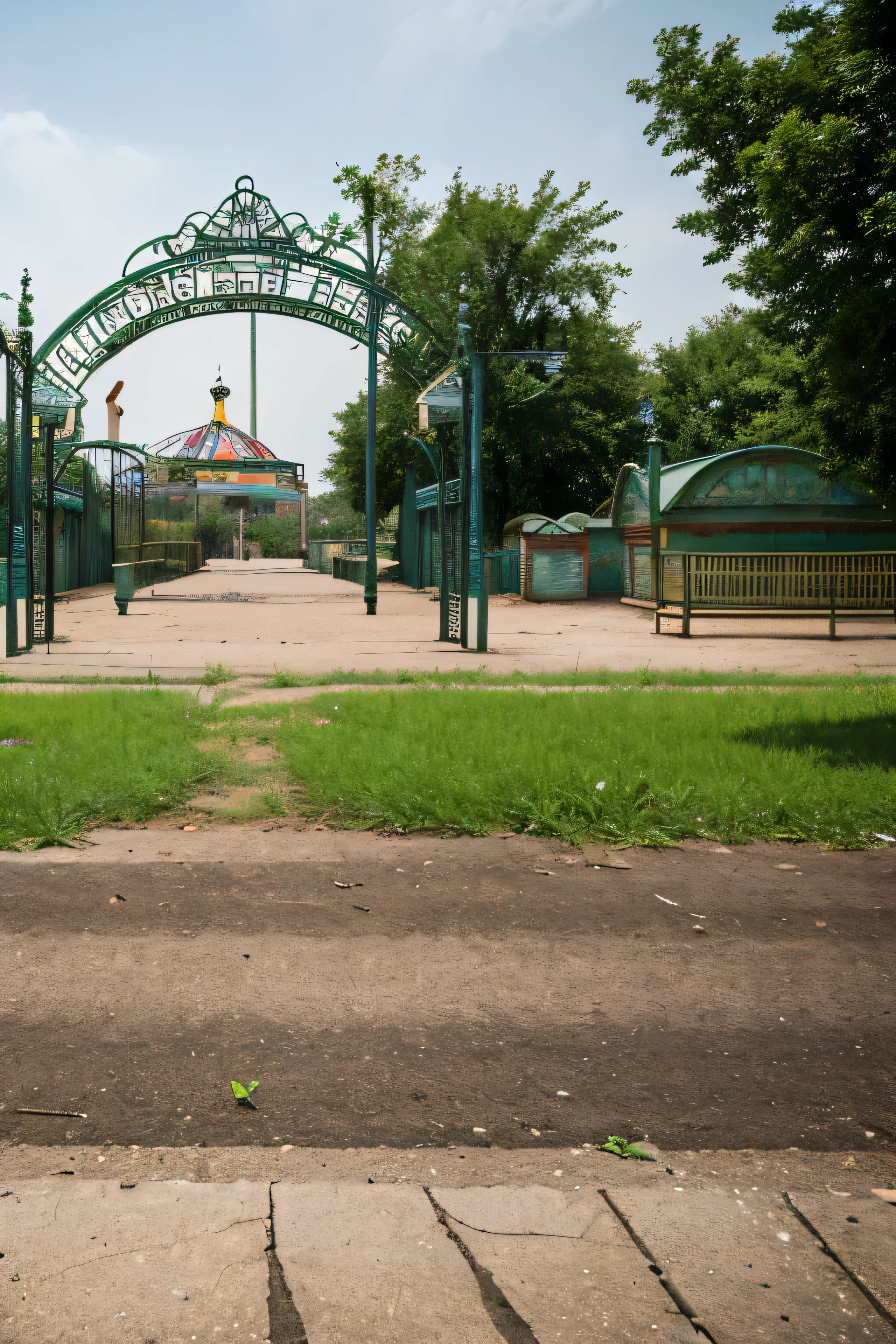 In an abandoned amusement park、A place like a square、The atmosphere is dilapidated, with dilapidated attractions visible in the background. Weeds grow randomly from cracks in the paved ground.、Rusty buildings are crumbling in places