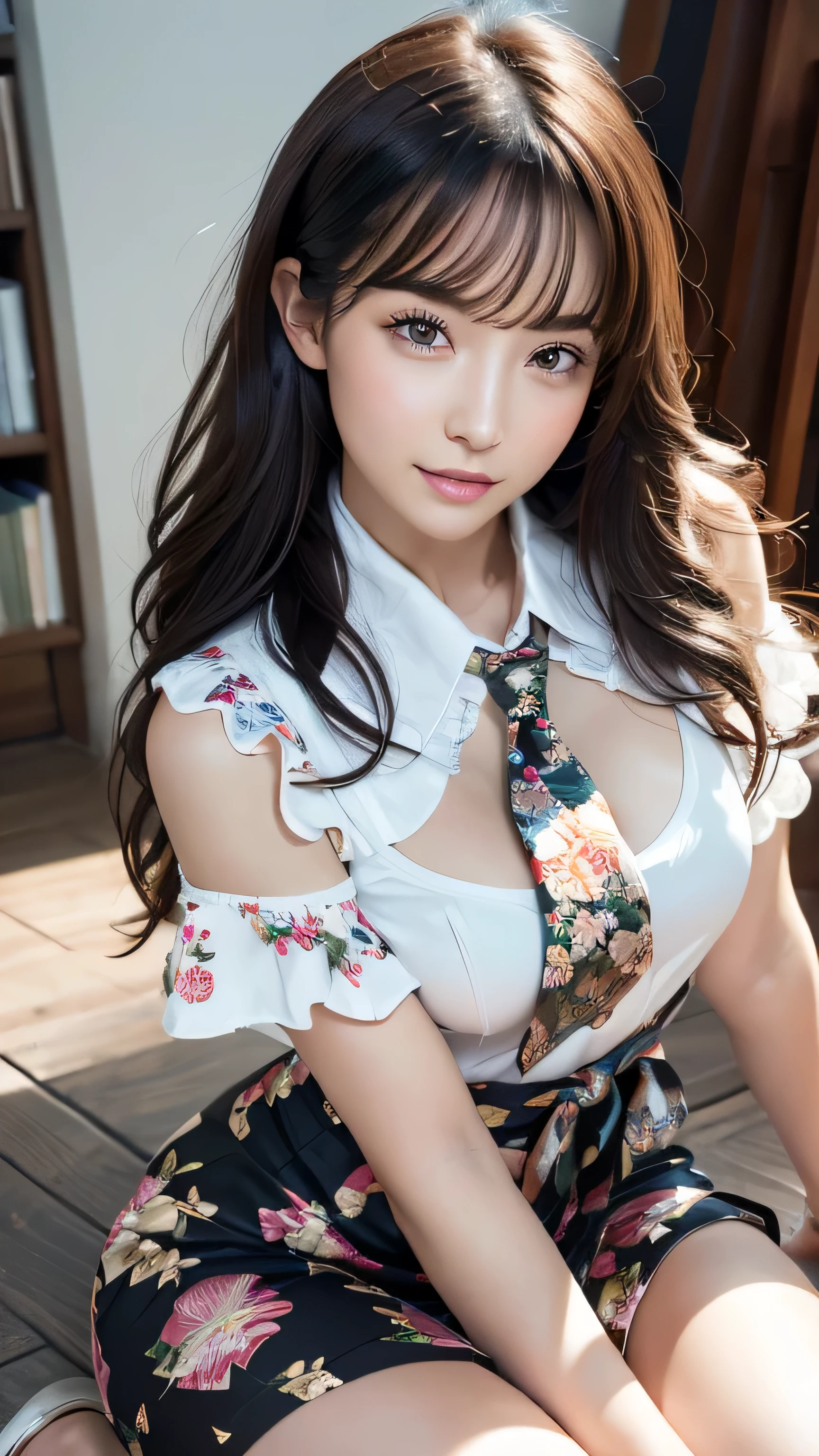 (8k, 超A high resolution,Ultra-high resolution、RAW Photos、 highest quality, Tabletop:1.5)、Japanese girl's life々Beautiful portrait、超A high resolution、highest quality、 (Big Breasts、Proudly:1.3)、{Hide all breasts}{Pleated skirt in off-white:1.6}、(((wearing Floral blouse with ribbon tie:1.3))、(Dressing room:1.2) break (Natural skin texture、Detailed skin、Hyperrealism、Ultra Sharpness)、Intricate details、Depth of written boundary、Sexy adult woman、Short black hair、Tight asasterpiece、highest quality、High Detail))、(Photorealistic:1.4)、solo、Close your mouth、Smile happily、Big eyes、Clear double eyelids、Eyelashes、Long neck、Absolute area、Beautiful collarbone、Perfect Face、Thin lips、Small Face、(Staring at the audience、Eye highlights、Light brown eyes、Lip gloss)、((Loosely inward wavy hair:1.2)),((Place your left hand gently on your chin,right hand holding chest:1.3))、((heels on the ground on:1.3)),