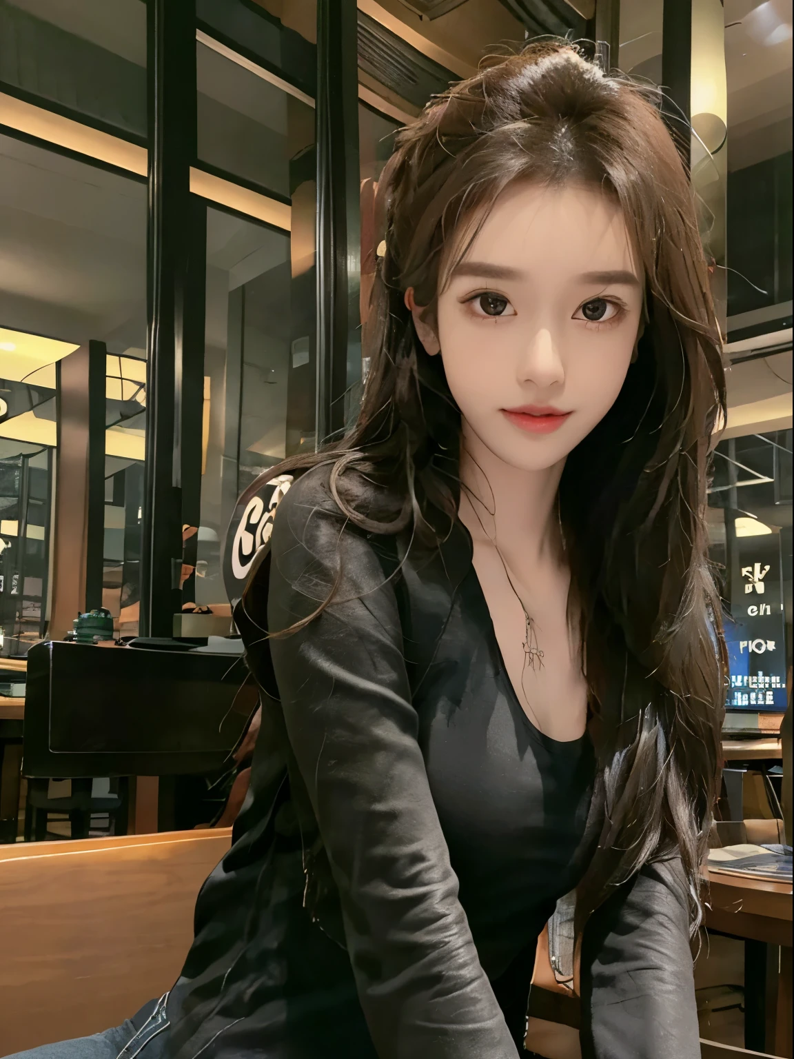 realistic, high resolution, 1 girl, long hair, korean,, tight black tanktop with a black jacket, short jeans, thighs, panties visible, big ass, sitting on a cafe chair, in a cafe, coffee on the table, shot from the front