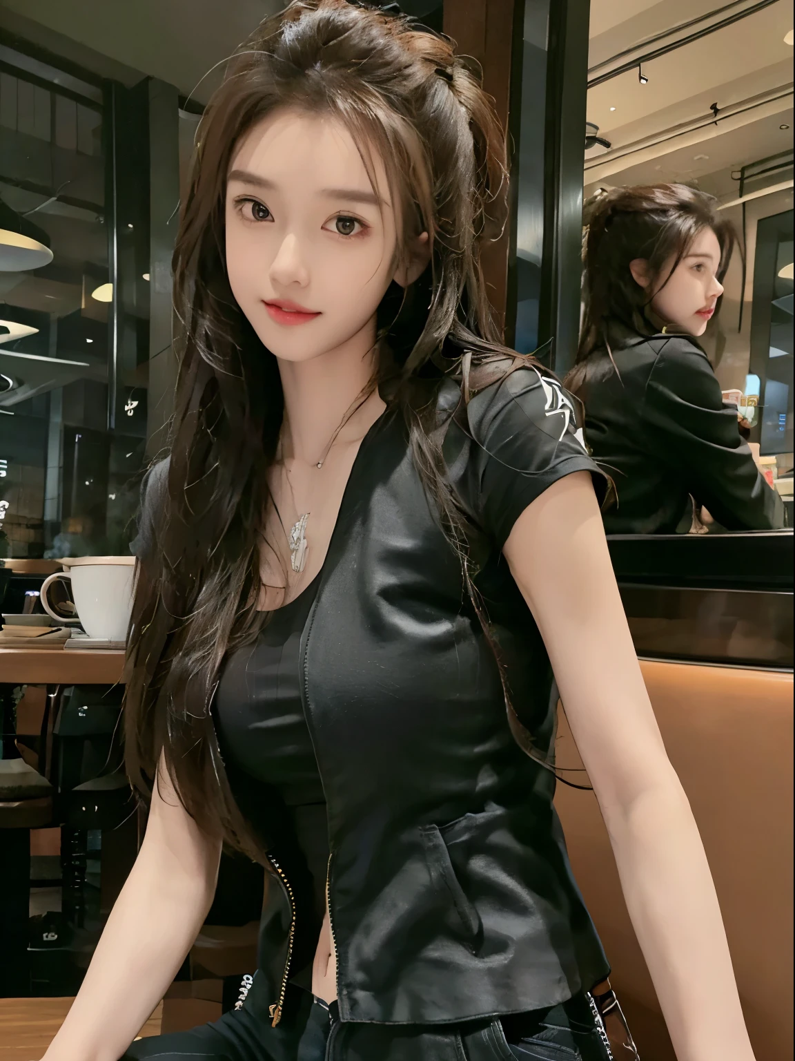 realistic, high resolution, 1 girl, long hair, korean,, tight black tanktop with a black jacket, short jeans, thighs, panties visible, big ass, sitting on a cafe chair, in a cafe, coffee on the table, shot from the front