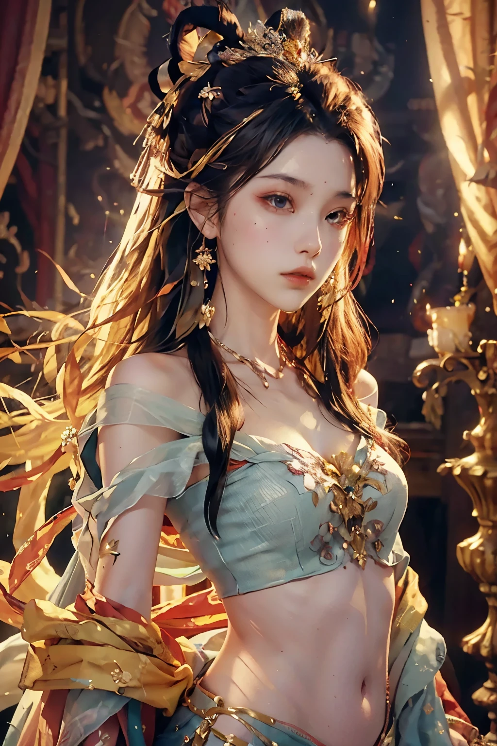 (RAW Photo, Best Quality), (Realistic, Photo Realistic: 1.3), Best Quality, Highly Detailed, Masterpiece, Hyperdetail, Illustration, 1 Girl, upper_body, Dynamic Angle, World Masterpiece Theater, messy_long_hair, Best Quality, Extremely Detailed CG Unified 8k Wallpaper, Ink, Amazing, Cinematic Lighting, lens_flare, Chu Chu Touching,The shoulders have exposed skin,The belly button is exposed,A beautiful woman,A pensive, lost in thought,Make eye contact with the other person,Thin body type,Small Bust,Small breasts,A peerless beauty who has been recognized and proposed to by many royalty and nobles.,beautiful girl,Minors,No makeup,sobriety,No red on the face,