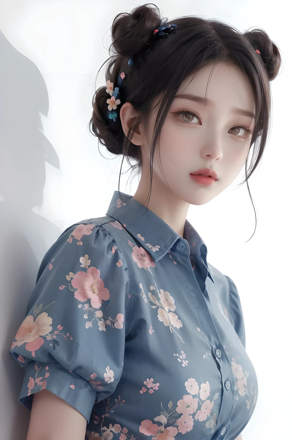 (masterpiece, best quality:1.2), cartoonish character design。1 girl, alone，big eyes，cute expression，Two hair buns，Floral shirt，interesting，interesting，clean lines