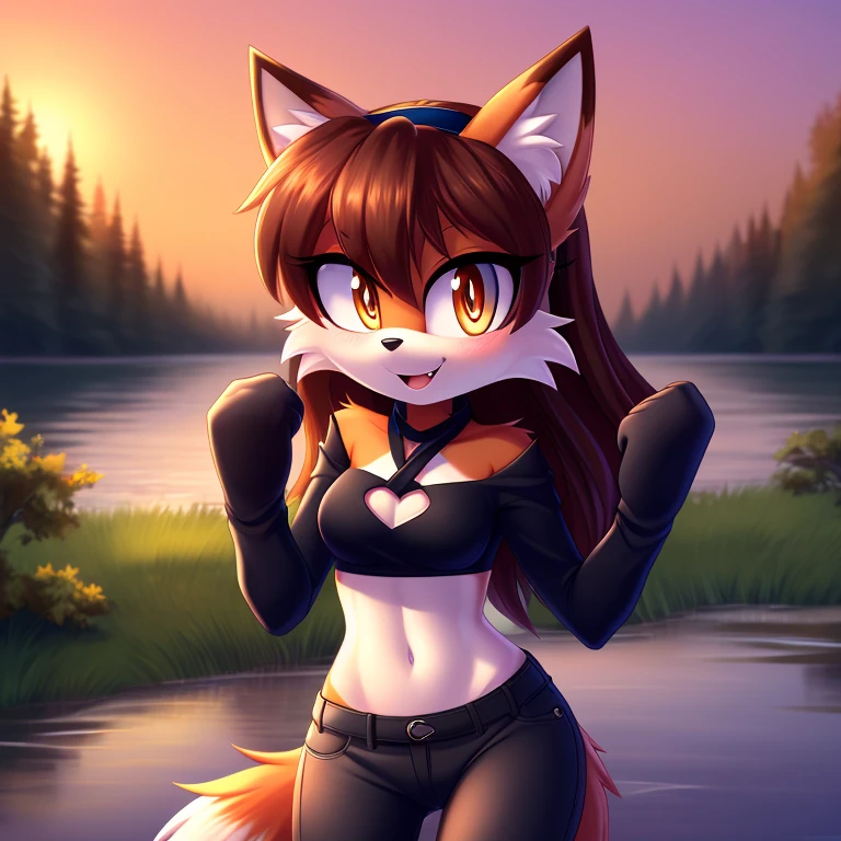 masterpiece, best quality, ultra-detailed, cinematic lighting, beautiful lighting, detailed background, detailed iris, detailed eyes, shading, intricate details, ((sharp, dynamic pose, expressive eyes)), ((4k)), ((2d, 2d art)), digital art, solo, outdoors, 1girl, smile, animal ear fluff, navel, hairband, open mouth, crop top, long hair, animal ears, breasts, tree, furry, blush, clothing cutout, black shirt, shirt, shoulder cutout, fox girl, orange hair, hands up, bangs, cowboy shot, pants, white gloves, animal nose, gloves, fox ears, nature, standing, furry female, happy, water, sunset, looking at viewer, orange fur, forest, long sleeves, ribbon, black pants, black hairband, clenched hands, sky, tail, hair ribbon, fang, midriff, black ribbon, medium breasts, fox tail, very long hair, orange eyes, stomach, heart, body fur, river, :3, sidelocks, white fur, shiny, lake, grass, small breasts, scenery, fur trim, blonde hair