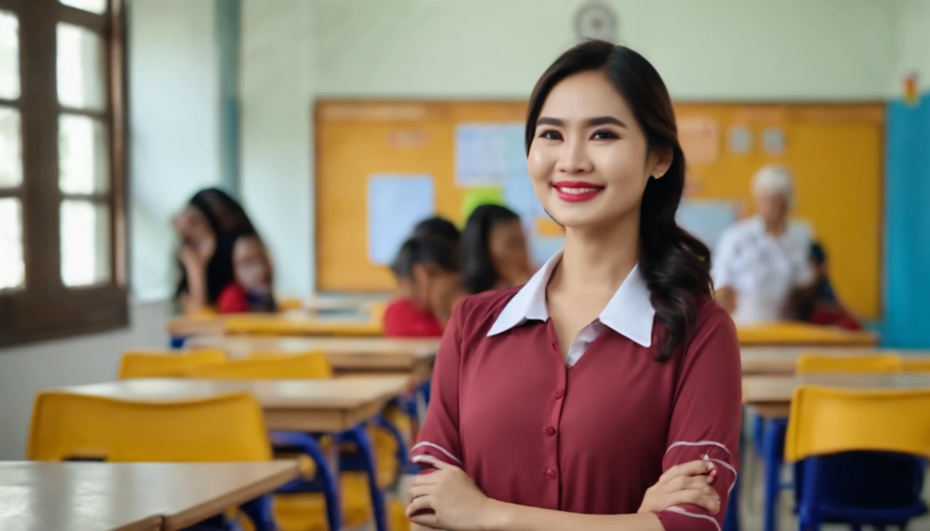 beautiful Thai lady teacher beautiful happy face standing full body facing the camera in school classroom