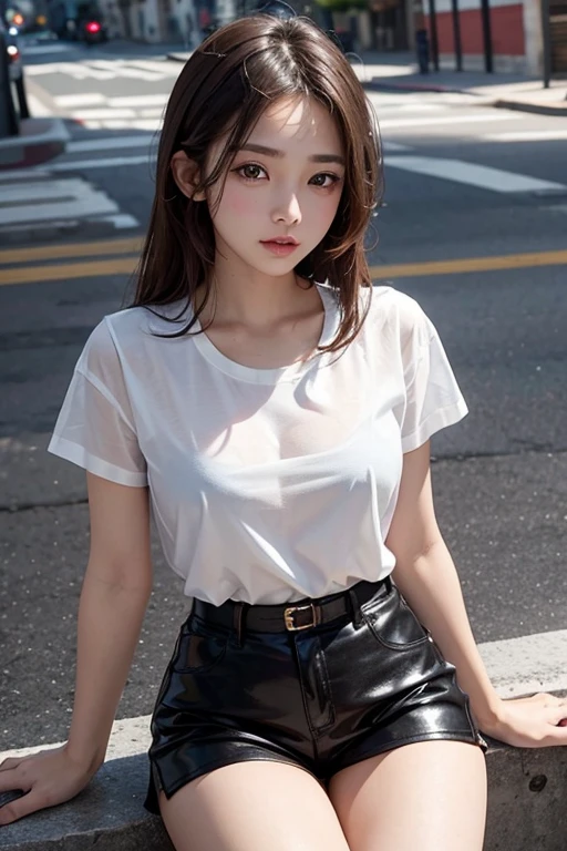 beautiful girl, sitting on the street, wearing a short shirt, see-through underwear, no pants, elegant face, smooth skin, bright sunlight, the photo exudes youthfulness and vitality of a teenage girl. The shirt has shiny leather material and beautiful colors. The girl's shirt has rainbow colors and detailed brocade embroidery. The photo focuses on the girl's crotch.