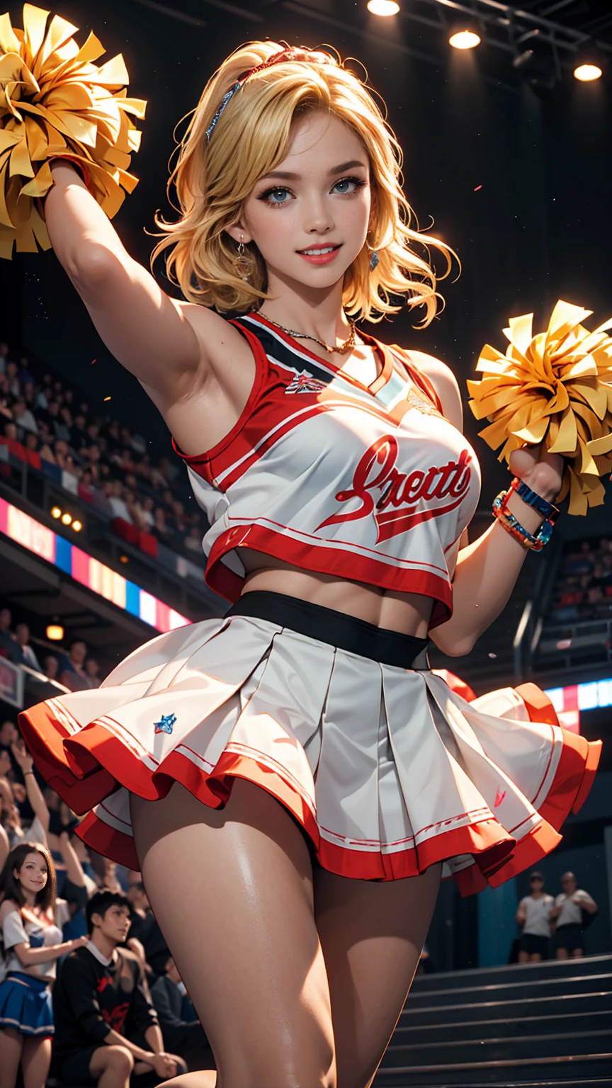 ((最high quality, 8K, masterpiece: 1.3, Ultra HD, high quality, 最high quality, High resolution, realism)) 、A 22-year-old extremely beautiful white woman、Hair color blonde、blue eyeedium Hair、Straight Hair、smile、Slender but well-proportioned body、I want my head to stay off screen、Wearing accessories on the wrist、Put an anklet on your ankle、Wearing red nail polish、I have a peticure、Being a cheerleader、Holding pom-poms and raising their legs to dance cheerleading