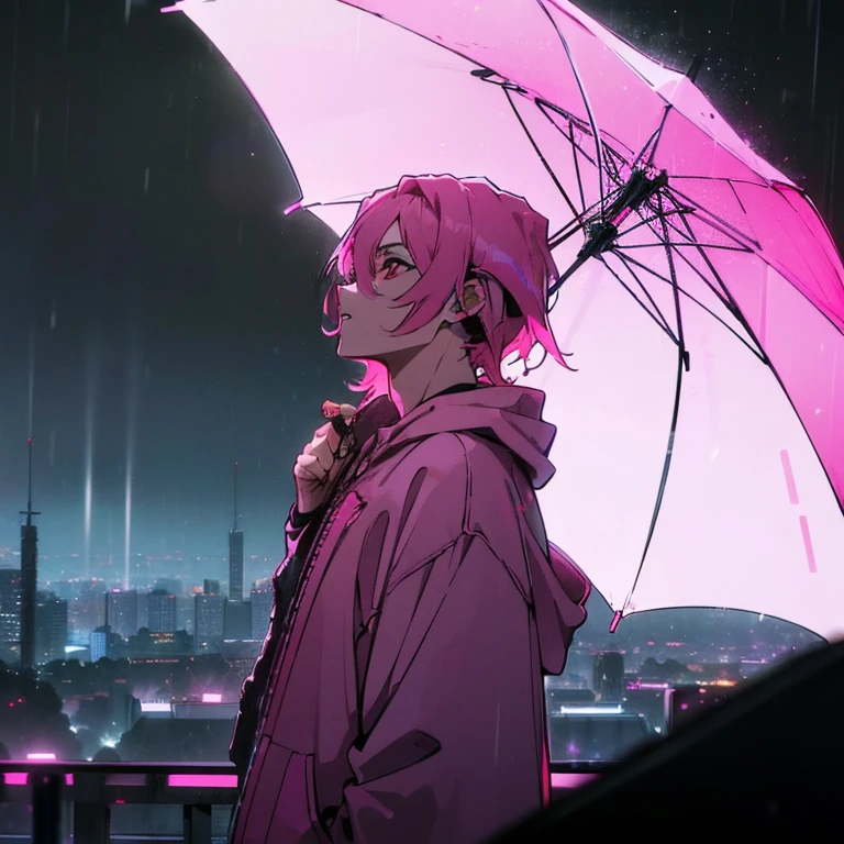 (Best quality), (masterpiece), (Super detailed), (Shortcuts), (Two-block hair), (Bright pink hair), (Red Eyes), (Cool pose), (Oversized hoodie), (Street Style), (neon), (Modern City), (neonデイライト), (Cinematic), (Stylish), (High resolution), (Hyper-detailed), (Soft Town), (Nightcore), (a handsome guy), (The natural look of the building), (IG Studio Anime Style), (Low - Angle), (visualize), (Purple Lip), (Wear headphones), (Screaming in the rain)